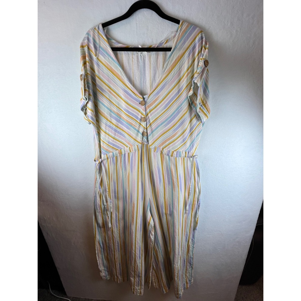 World Market Pastel Striped Cotton Linen Jumpsuit Wide Leg Short Sleeve S/M